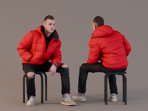 Guy in Red Puffer Jacket and Jeans with Torn Knees Sitting 3D Model