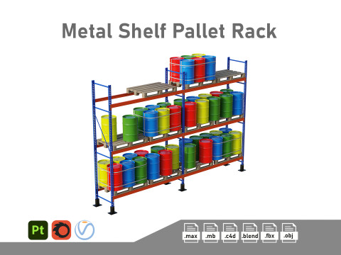 Metal Shelf Pallet Rack And Barrels 3D Model