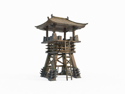 Asian ancient architecture hand-painted style defense tower Modèle 3D