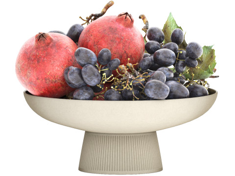 Bowl of black grapes and pomegranate fruit 3D Модель